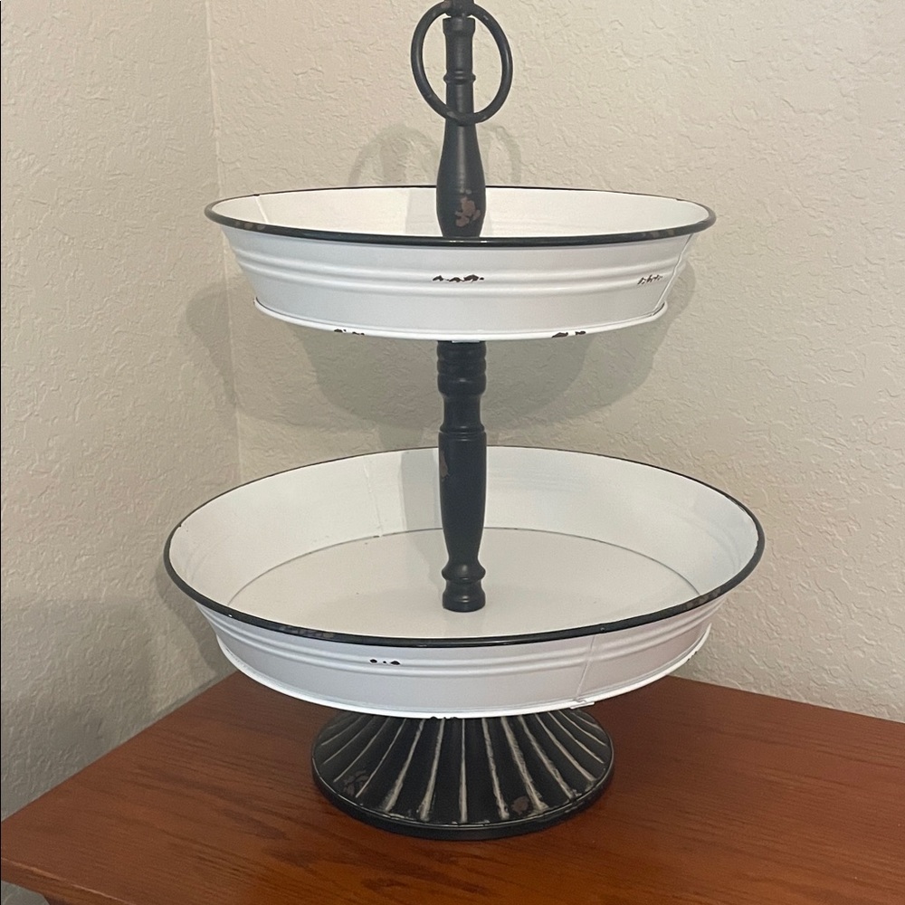 Two-Tiered White and Black Metal Stand - Picture 2 of 2